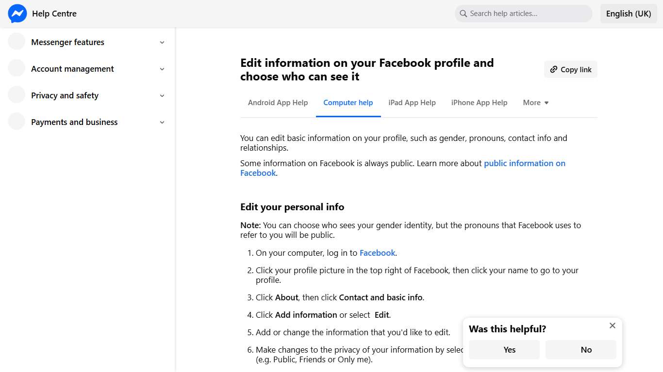 Edit information on your Facebook profile and choose who can see it | Messenger Help Centre