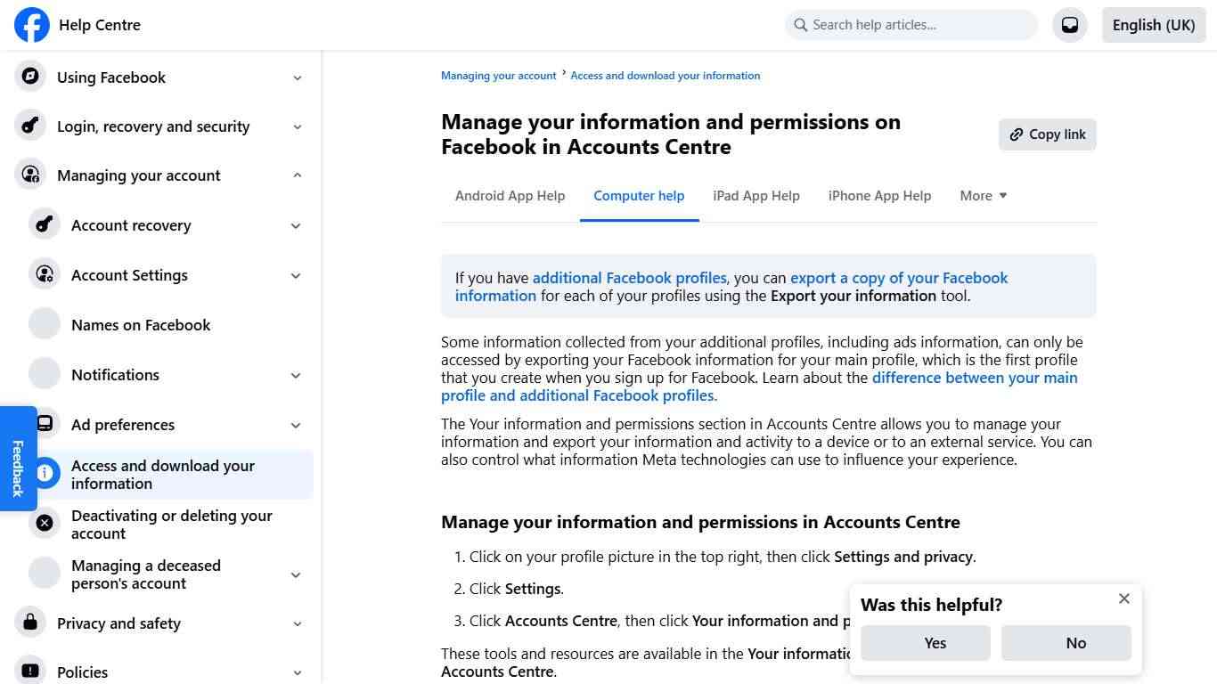 Manage your information and permissions on Facebook in Accounts Centre | Facebook Help Centre
